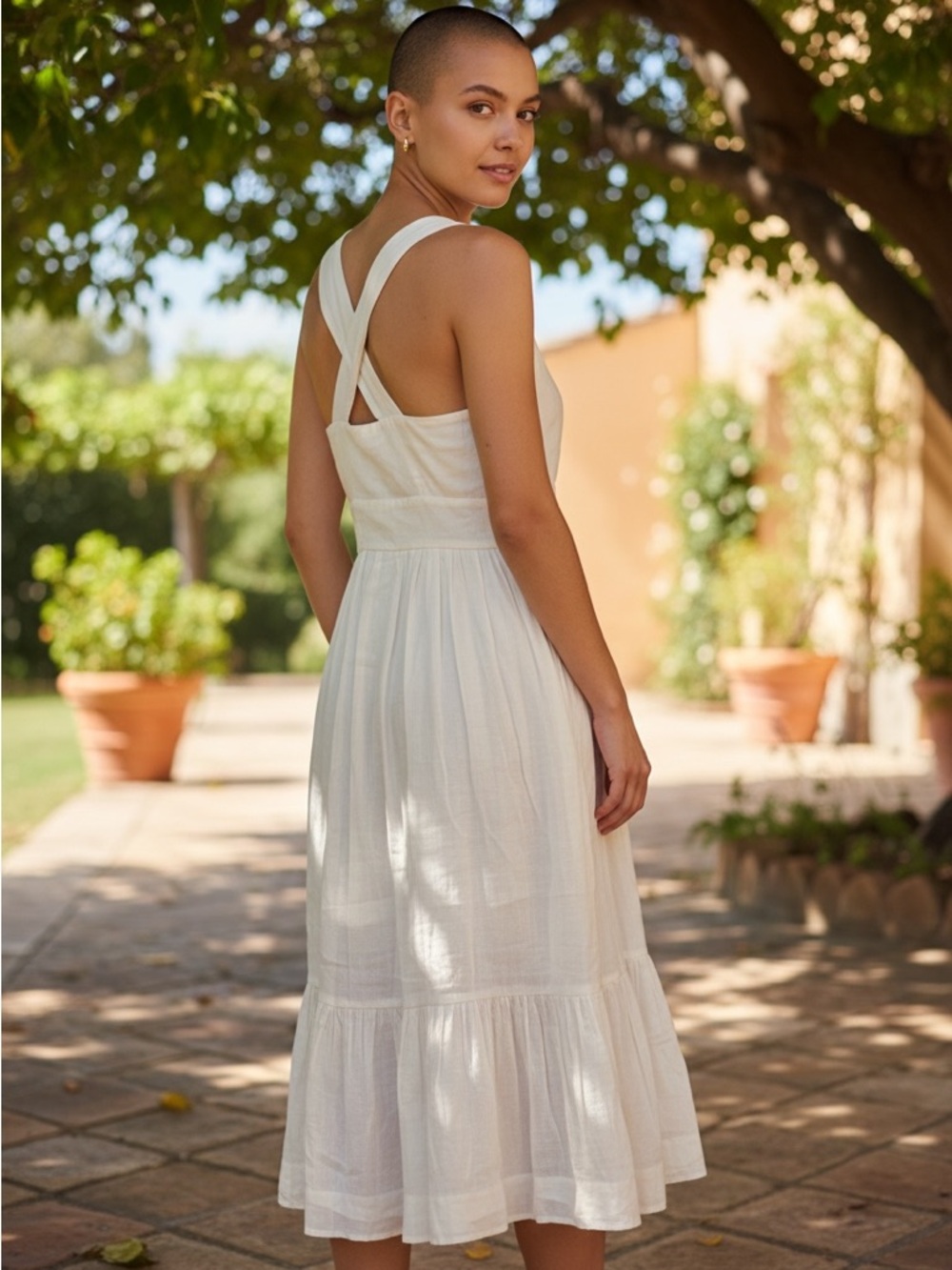 Cotton Ivory Cross-Strap Midi Sundress Dress